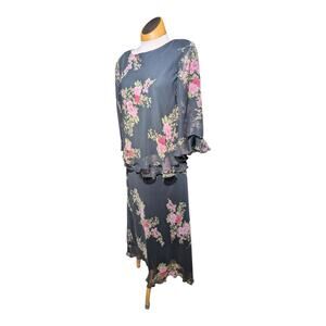 Vtg Y2K Jessica Howard Black Rose Floral Print Chiffon Top Skirt 2 Pc Set 14 P